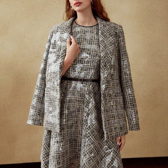 MULTICOLOR PREPPY WOMENS PLAID SEQUIN BLAZER - Picture 6 of 8